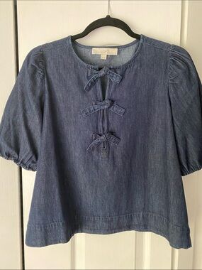 LOFT Indigo Chambray Bow-Tie Peasant Blouse